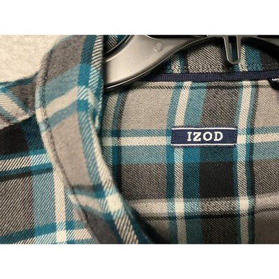 IZOD Shirt Mens 3XL Blue Gray Black Plaid Long Sleeve Flannel Button Up Casual