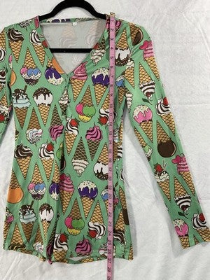 Romper Womens Small Multicolor Ice Cream Print Long Sleeve V Neck Button Stretch