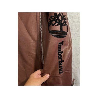 Timberland Moto Jacket Women XL Mauve Faux Leather Sherpa Lined Graphic Logo