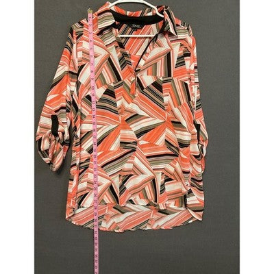 Renuar Sheer Button-Down Blouse L Geometric Striped Print Long Sleeve