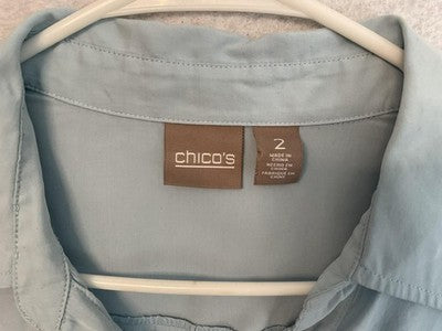 Chico's Shirt Womens 2 Blue Collared Button Front Roll Tab Sleeve Blouse Top