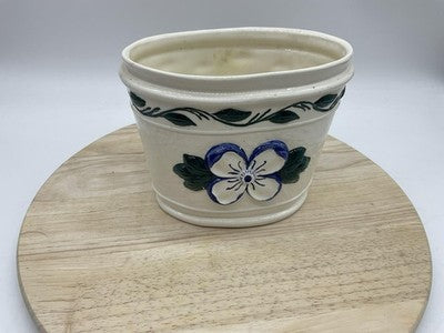 GM Hall Pottery Planter Oval Flower Pot Blue White Floral Handpainted Planter