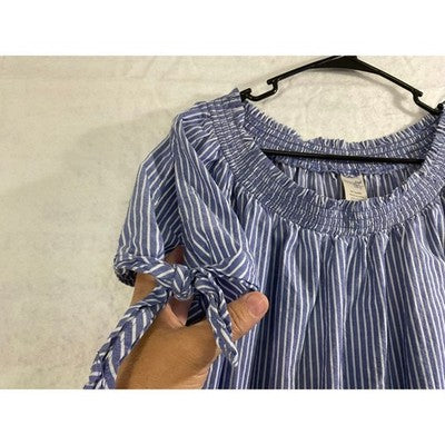 Terra & Sky Shift Dress Women 0X Blue Striped Cotton Smocked Neck Tie Sleeve