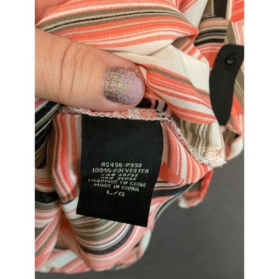 Renuar Sheer Button-Down Blouse L Geometric Striped Print Long Sleeve