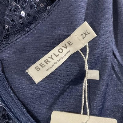 Berylove Dress Womens 2XL Navy Blue Sequin Lace Off Shoulder Maxi Gown New