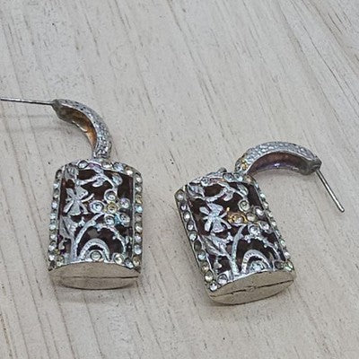 Silver Tone Rectangle Dangle Earrings Womens Rhinestone Floral Drop Jewelry