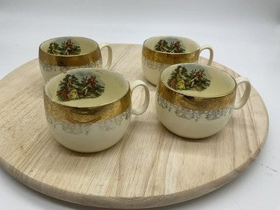 Vintage Sabin Crea-O-Gold Tea Cups Set Of 4 Beige 22K Gold Trim Pictorial Scene