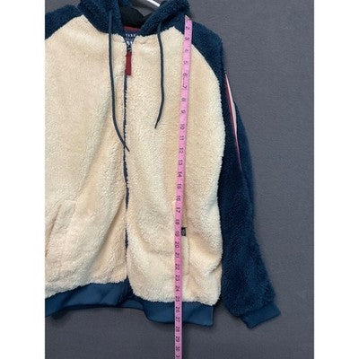 Raw Yarn Industries Sherpa Hoodie Jacket Blue Cream Fleece Zip Up Sz S NWT