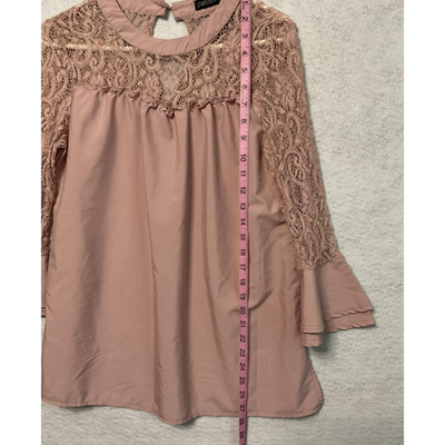 Zanzea Shirt Womens Small Pink Lace Bell Sleeve High Neck Blouse Top Casual