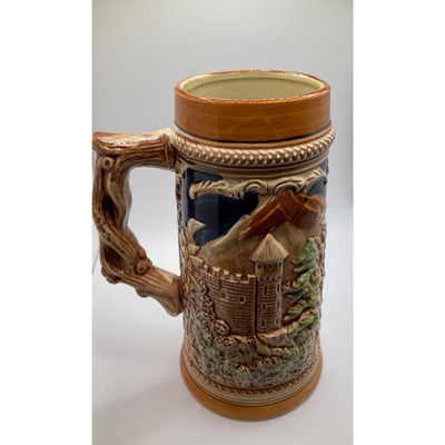 Collectible  Intricate Ceramic Bavarian Beer Mug, Woman & Dog Design, 8 Inches