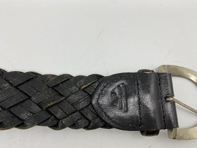 Braided Leather Belt Mens Medium Large Black Solid Brass Buckle Dress Casual