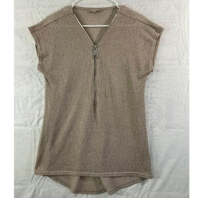 Joan Vass Studio Knit Top Womens Medium Taupe Half Zip Short Sleeve High Low Hem