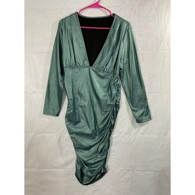 SHEIN Curve Bodycon Dress Womens 0XL Green Metallic Ruched V-Neck Sexy Clubwear