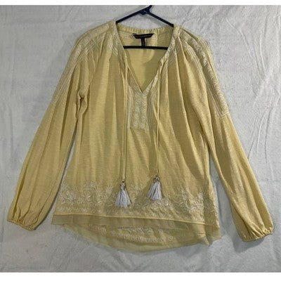 White House Black Market Peasant Top Women Small Yellow Embroidered Boho Blouse