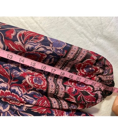 Donna Ricco Floral Tie Neck Dress Womens 14 Navy Red Chiffon Long Sleeve Pockets