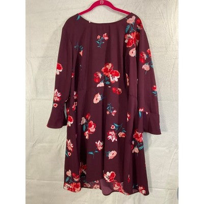 Old Navy Fit & Flare Dress Womens XXL Burgundy Floral Fluted Sleeve Smocked Mini