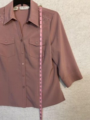 Cathy Che Blouse Womens 12 Pink Collared 3/4 Sleeve Embroidered Stretch Top