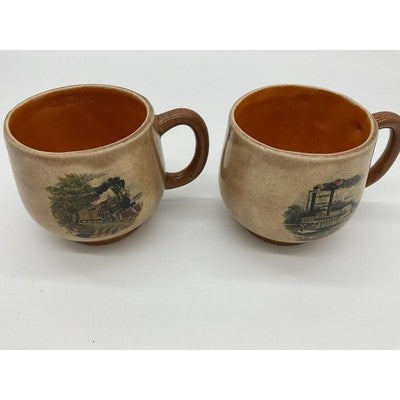 Stoneware Coffee Mugs Set Of 2 Beige Train Steamboat Graphic Unmarked VTG