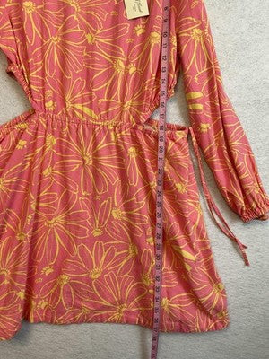 Universal Thread Dress Womens XL Pink Floral Cutout Waist Long Sleeve Linen