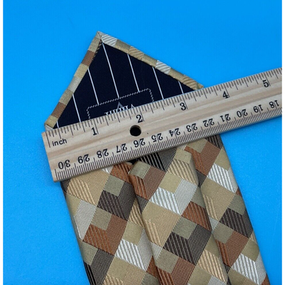 Villini Men's 100% Silk Tie Geometric Check Pattern Brown Gold 3.5" Classic