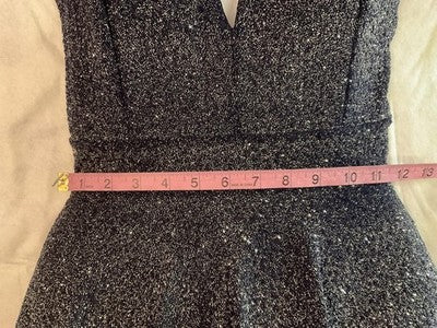 Windsor Dress Womens Medium Black Glitter Fit Flare V Neck Open Back Mini Party
