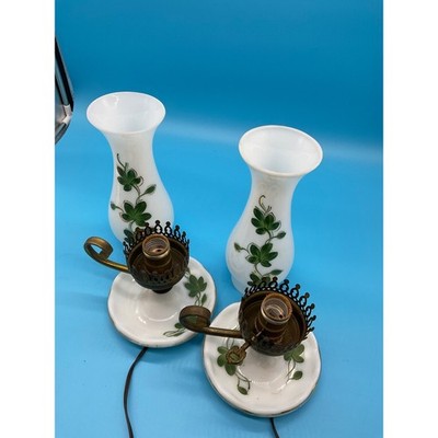 Pair Vintage Hand-Painted Glass Lamps 14" Shamrock Clover TESTED WORKS