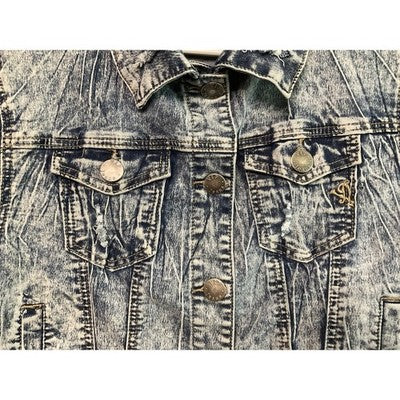 VIP Acid Wash Denim Jacket M Retro 80's Style Grunge Distressed Long Sleeve