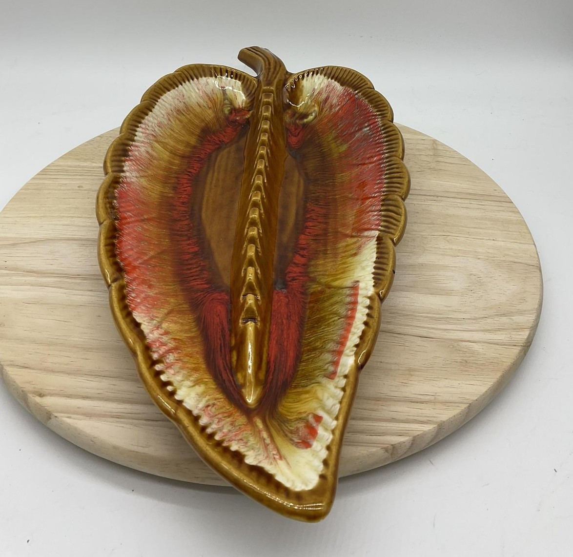 Vintage Maurice Of Calif Leaf Serving Dish Set Brown Red Drip Glaze USA Pottery