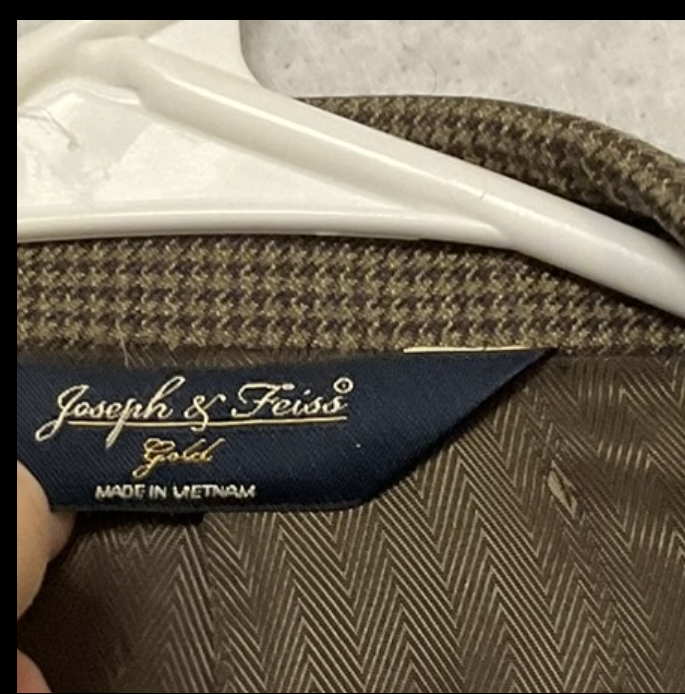 Joseph & Feiss Gold Suit Jacket Men 50 Brown Wool Check Polyester Lined