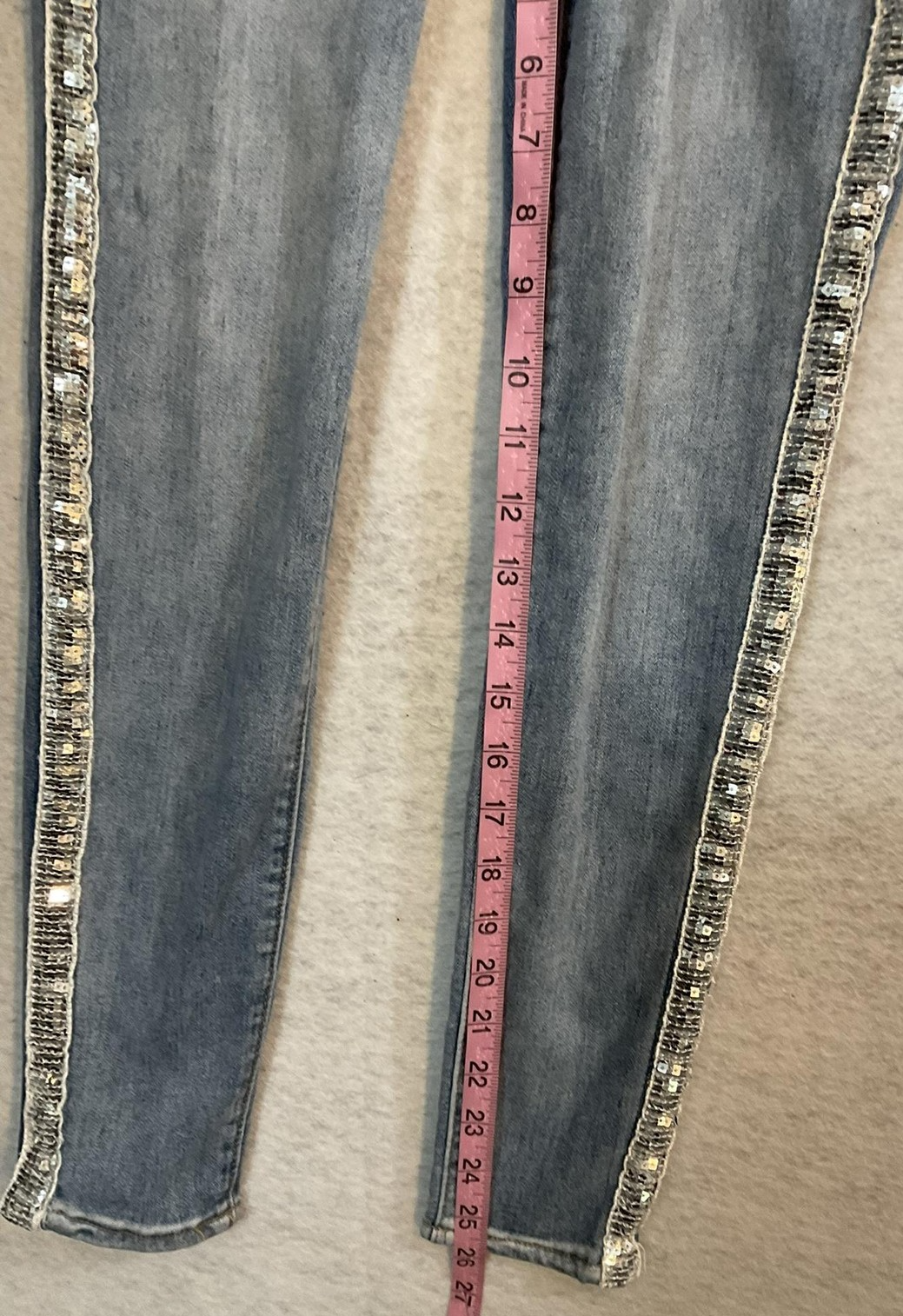 Almost Famous Jeans Juniors 5 Blue Mid Rise Skinny Sequin Side Stripe Stretch