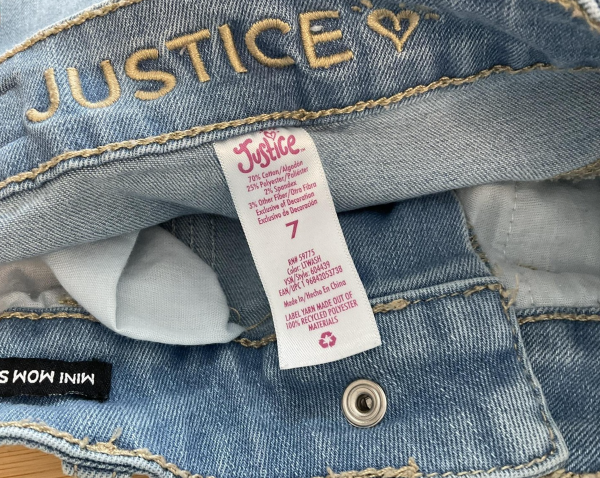 Justice Shorts Girls 7 Blue Denim Mini Mom Sequin Fringe Pockets Raw Hem Sparkle