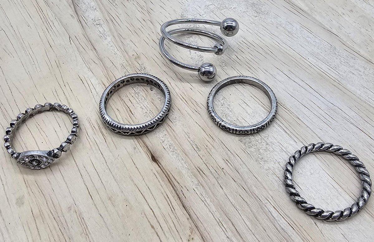 Silver Tone Lot 5 Rings Womens Size 6.5 - 8 Band Wrap Rhinestone Boho