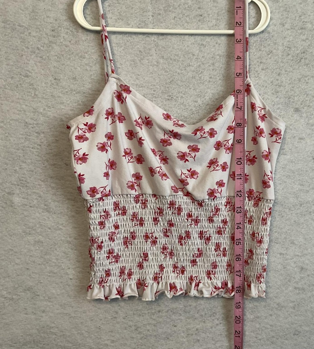 Floral Tank Top Girls Medium White Pink Smocked Ruffle Hem Stretch Camisole Soft