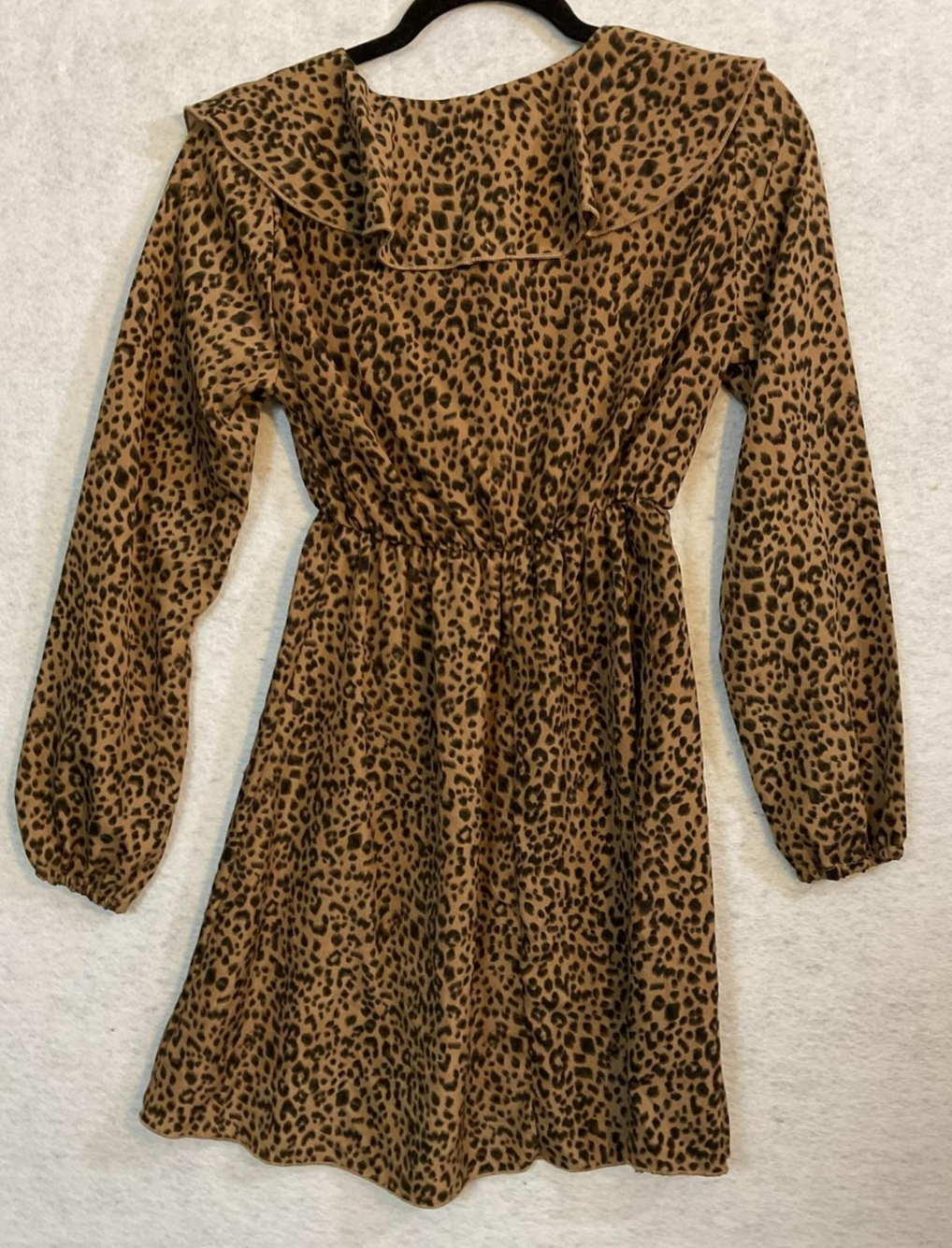 Leopard Print Dress Womens XS Brown Ruffle Long Sleeve V Neck Short Fit Flare