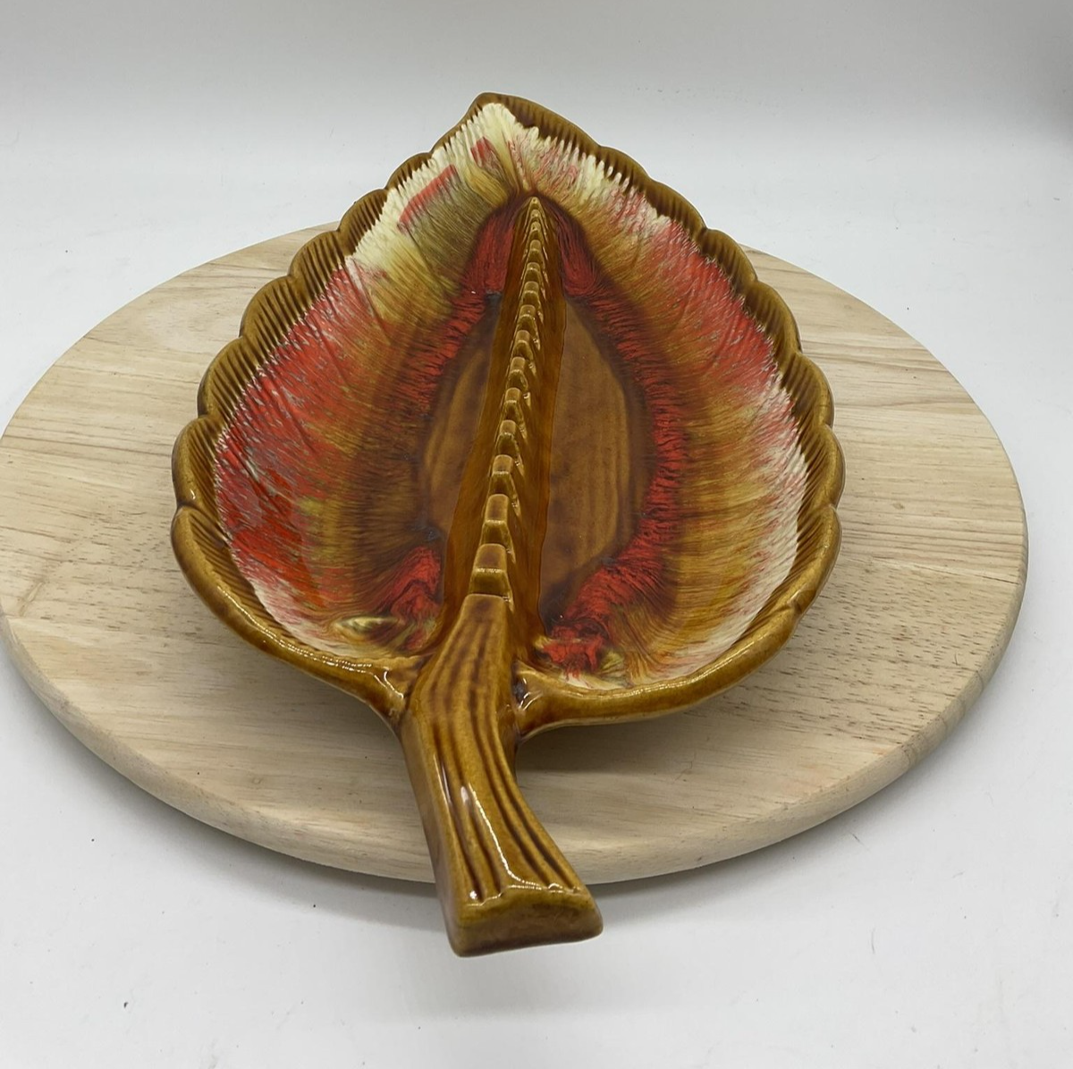 Vintage Maurice Of Calif Leaf Serving Dish Set Brown Red Drip Glaze USA Pottery