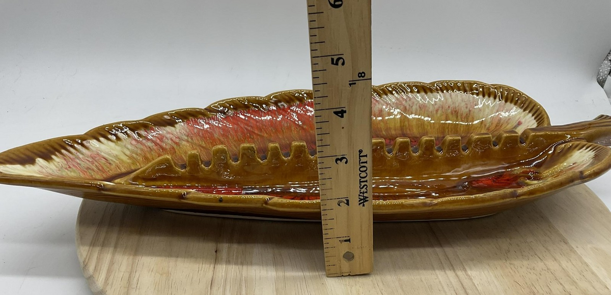 Vintage Maurice Of Calif Leaf Serving Dish Set Brown Red Drip Glaze USA Pottery