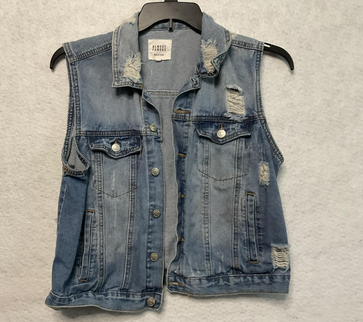 Almost Famous Vest Womens Large Blue Distressed Denim Button Front Sleeveless