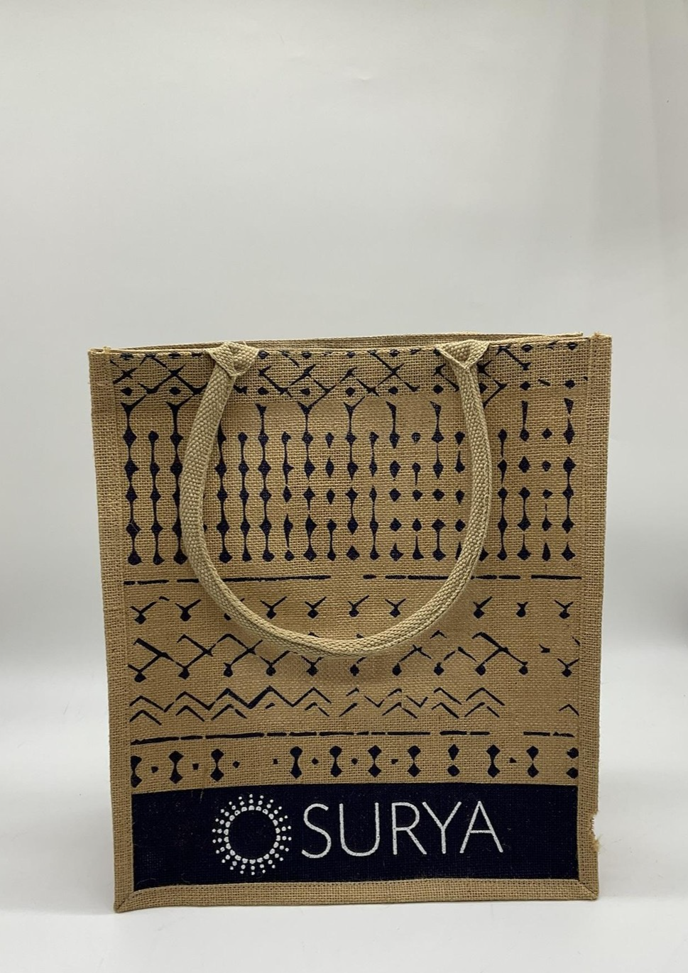 Surya Jute Tote Bag Tan Navy Reusable Shopping Grocery Handbag Rope Handles