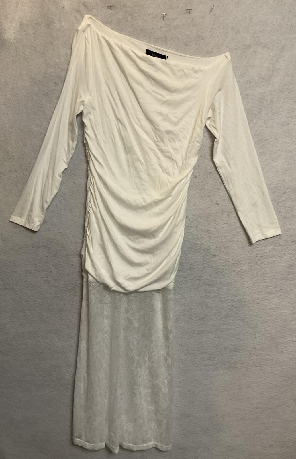 ZESICA Dress Womens Large White Off Shoulder Lace Maxi Ruched Formal Gown New