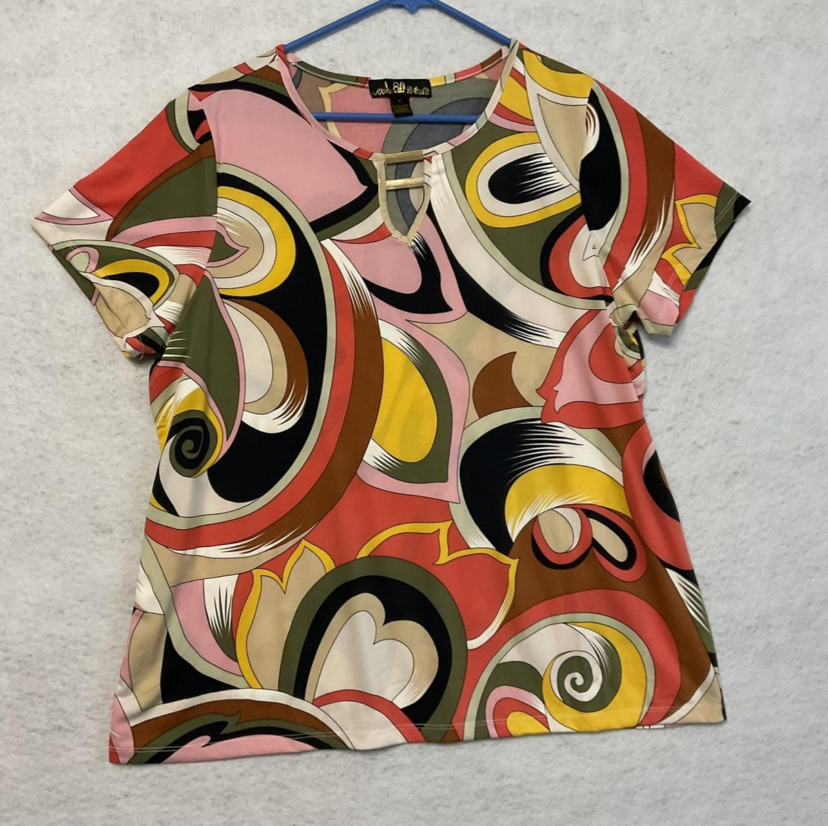 80 Park Blouse Womens 1X Multicolor Geometric Keyhole Short Sleeve Stretch Top
