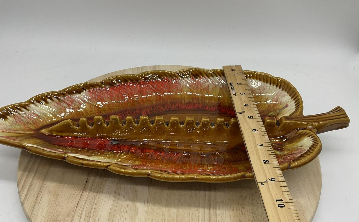 Vintage Maurice Of Calif Leaf Serving Dish Set Brown Red Drip Glaze USA Pottery