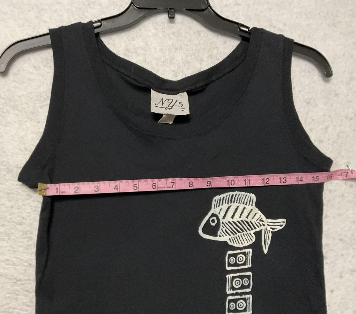 NY-5 Tank Top Womens Small Black Fish Graphic Scoop Neck Nautical Beach