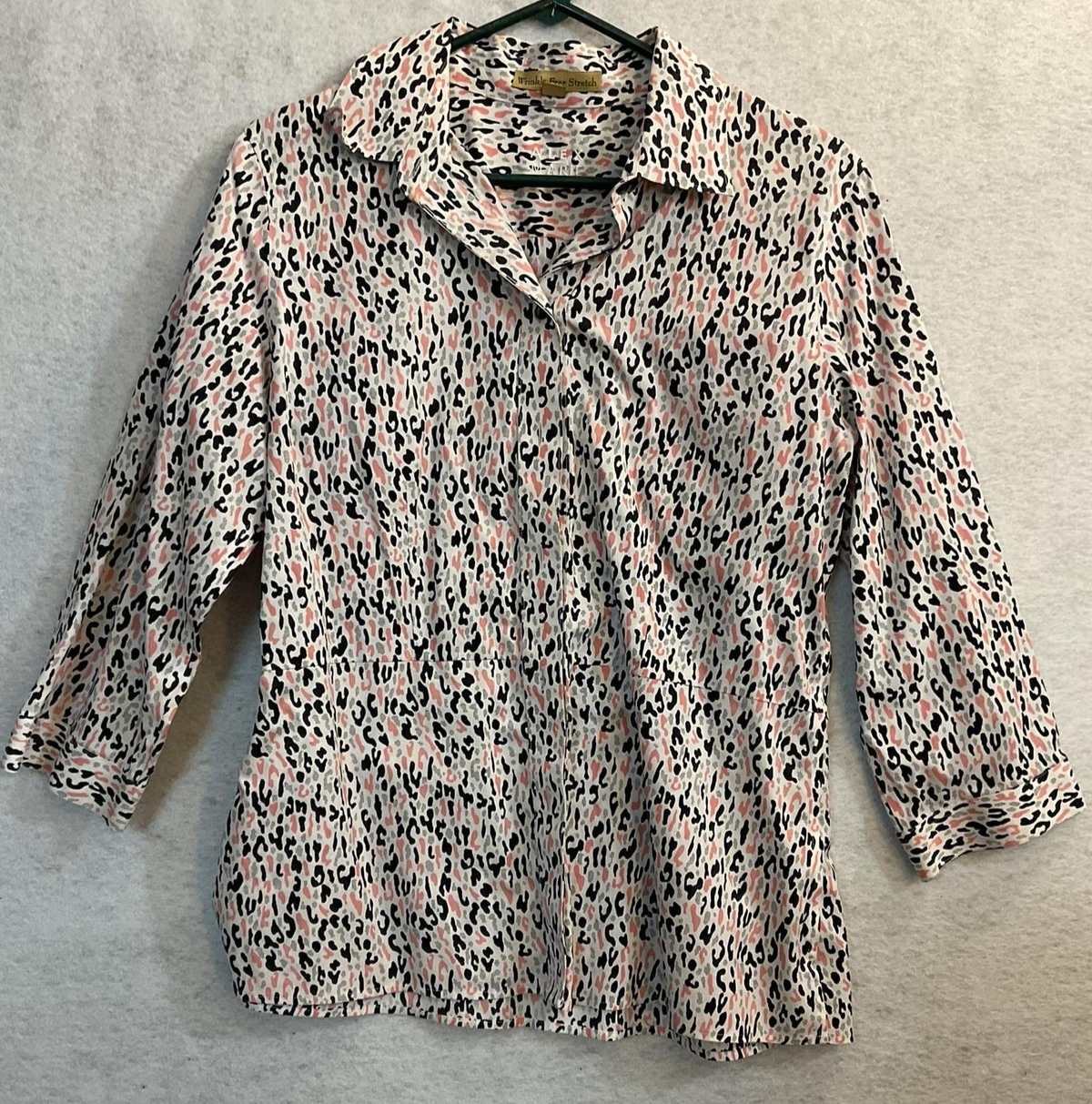 Alex Marie Button Up Shirt Womens 12 White Collared 3/4 Sleeve Animal Print