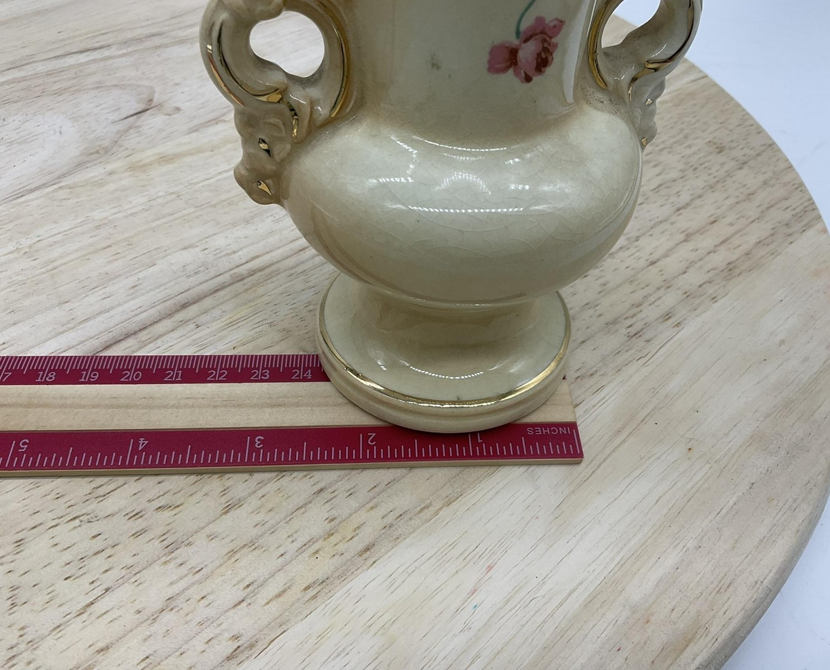 Ceramic Floral Vase Double Handles Cream Gold Trim Small Decorative Urn Table