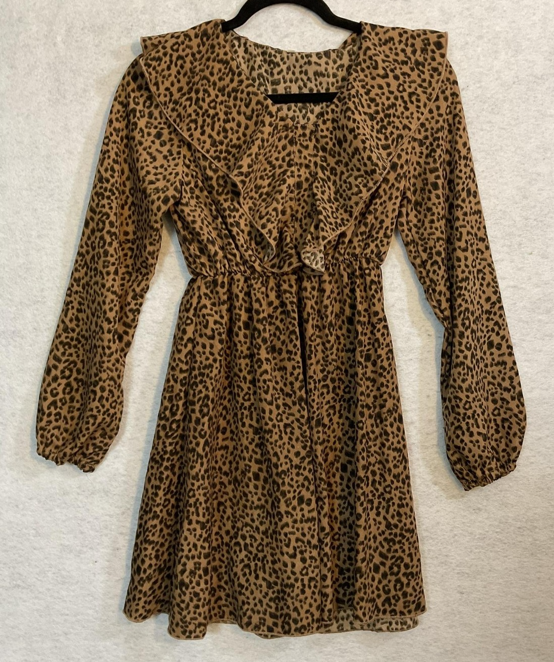 Leopard Print Dress Womens XS Brown Ruffle Long Sleeve V Neck Short Fit Flare