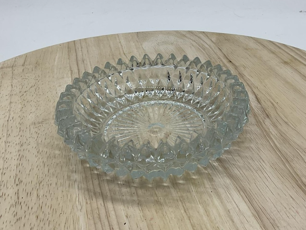 Clear Pressed Glass Round Candy Nut Dish Bowl Sawtooth Edge Starburst Serving