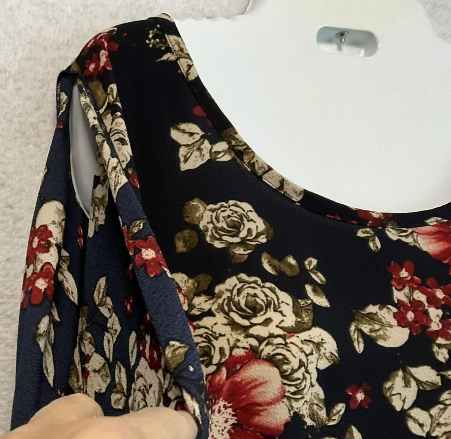 Banabee Shirt Womens 1X Navy Blue Floral Split Sleeve Tunic Blouse Top Boho VTG
