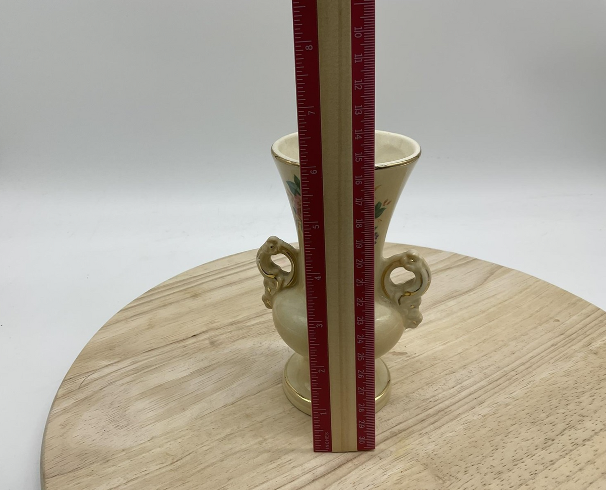 Ceramic Floral Vase Double Handles Cream Gold Trim Small Decorative Urn Table