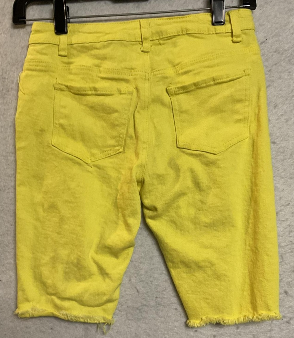 Kréamy Shorts Womens Small Yellow Distressed Paint Splatter Bermuda Stretch