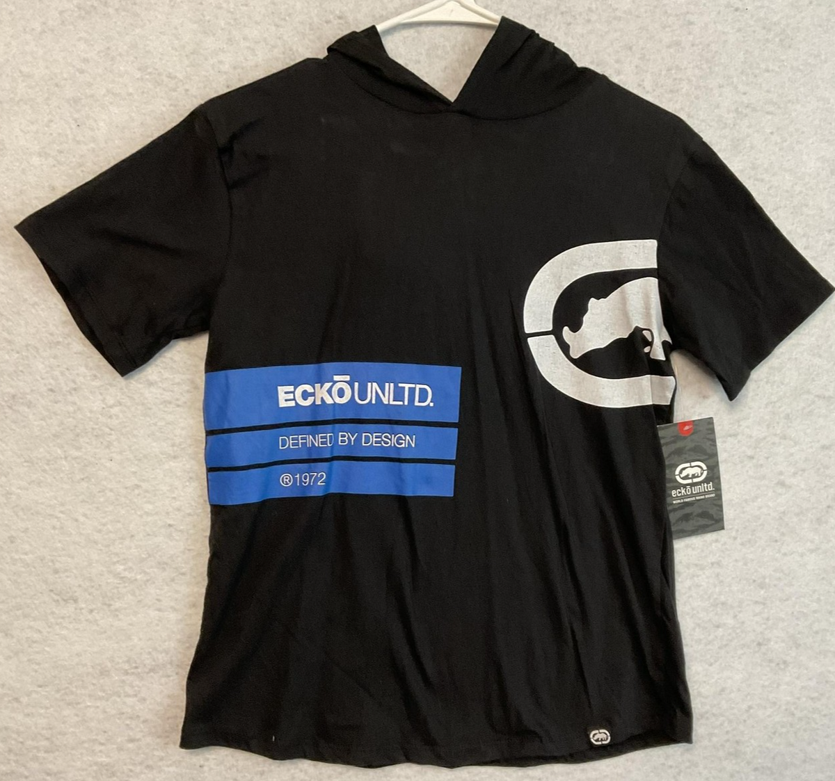 Ecko Unltd Shirt Boys 12 Black Hooded Short Sleeve Rhino Graphic Tee Top Cotton